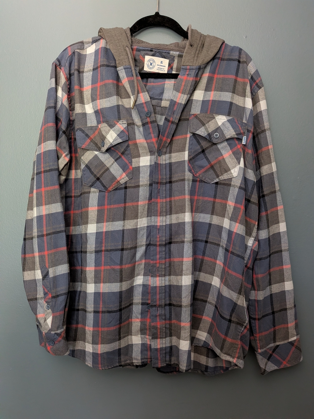 Hurley Plaid Hooded Flannel Shirt - Blue Gray Red